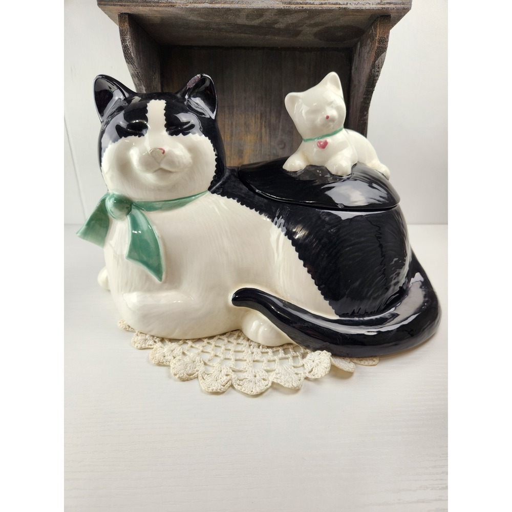 Vintage Cat Cookie Jar Ceramic Tuxedo Cat and Kitten Black White Bow Canister